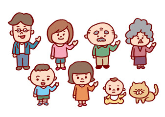 おもしろかわいい二頭身の家族のイラスト