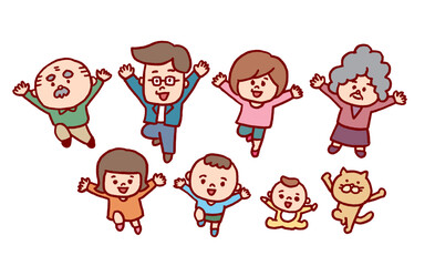 おもしろかわいい二頭身の家族のイラスト