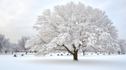 Fototapeta premium A serene snowcovered graveyard under a pale sky