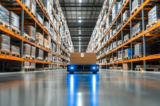 Automated guided vehicle (AGV) moving a cardboard box on a pallet in an empty warehouse with orange shelves.