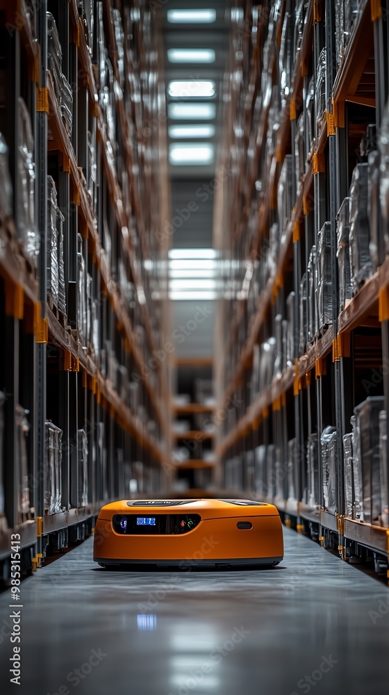 Poster autonomous robot navigating through a warehouse aisle with shelves full of goods.