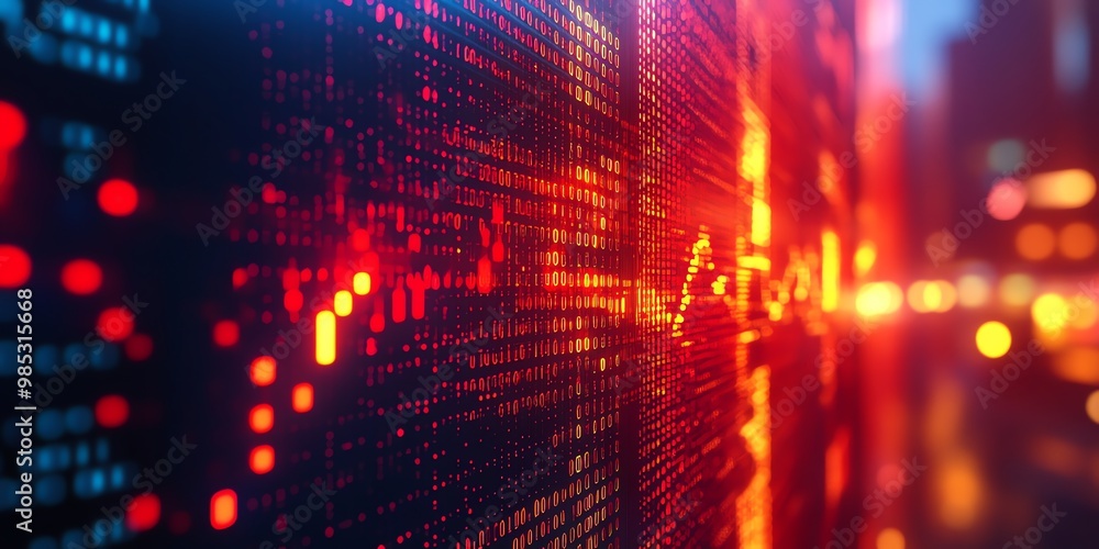 Poster Binary code illuminated in red and orange light with an out of focus background.
