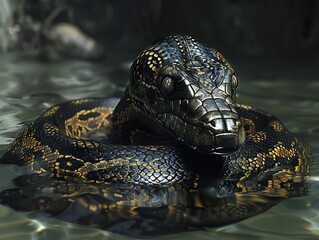 Fototapeta premium Close Up of a Black and Gold Snake in Water