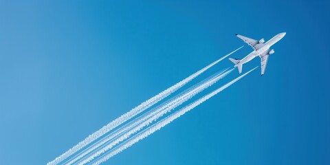 White aircraft flies at distance in clear blue sky with contrails. Panoramic view of airplane in flight. Condensation trails stream behind jet in blue sky.
