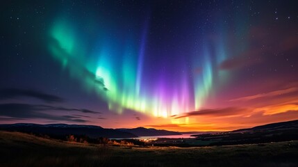 The northern lights illuminating the night sky in vibrant shades of green and purple, casting a glow over the landscape