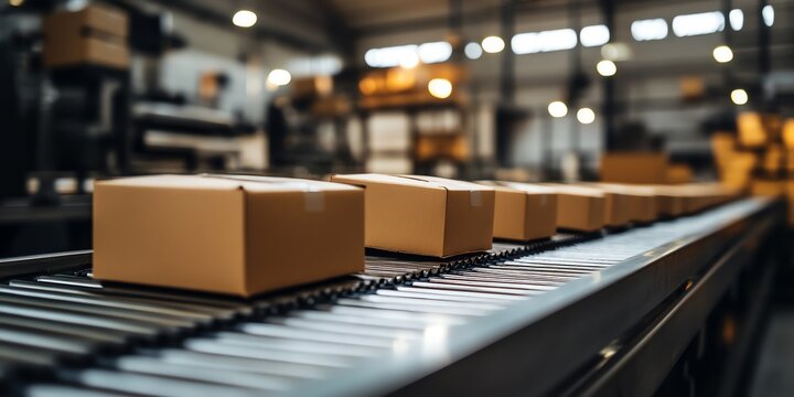 Cardboard boxes moving on a conveyor belt in a warehouse.