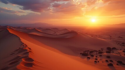 Naklejka premium A vast desert landscape with rolling sand dunes illuminated by the warm glow of a setting sun. The expansive scene captures the quiet beauty and solitude of the desert at dusk.