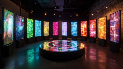 A circular exhibit of futuristic AI-generated art, displayed on digital screens in a modern gallery, each piece glowing with dynamic patterns and colors