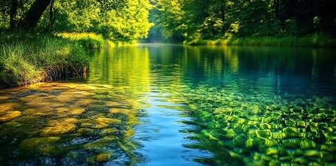 Obraz premium Clear blue water flowing through a forest with green trees and foliage.