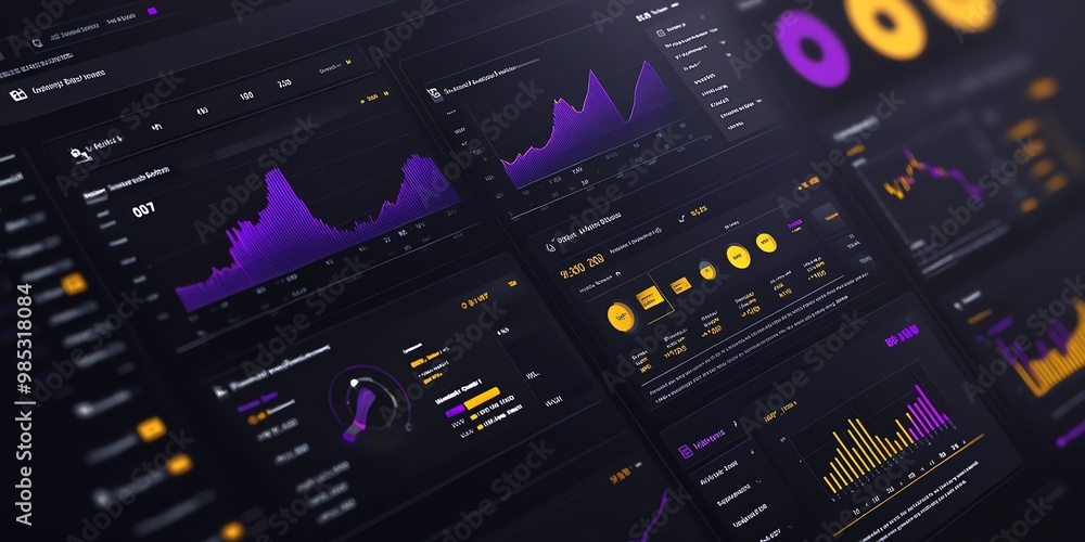 Aufkleber Close up of a computer screen with graphs and charts in dark mode, showing financial data.