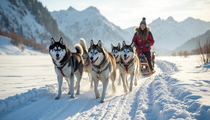 Woman in red and white clothing driving a sled with a team of huskies dogs on snowy terrain. Winter sports,  adventure, nature, and travel concept.