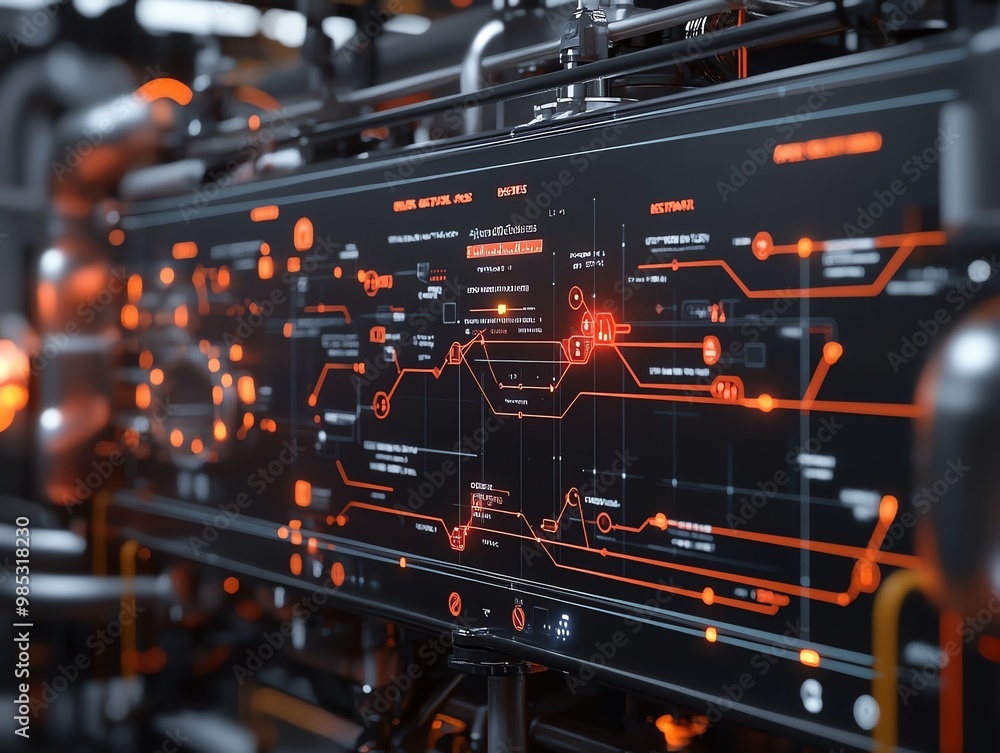 Poster Close up of a futuristic control panel with an orange glow and a digital display with graphs and diagrams.