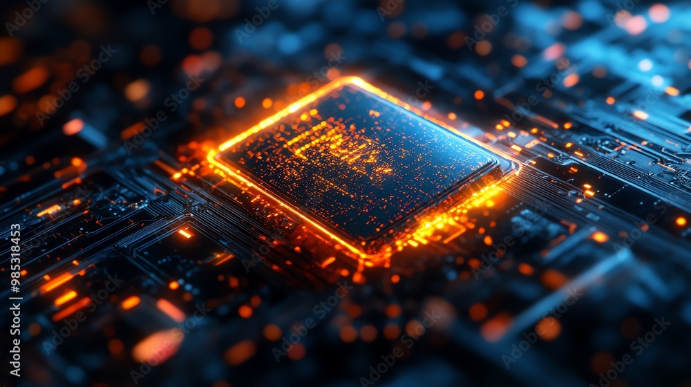 Poster close up of a glowing cpu chip on a circuit board.