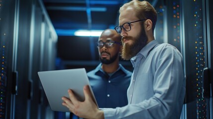 IT professionals work together in a data center. A bearded technician sits next to server racks, using laptop computer for diagnostics or maintenance. Colleague also works on laptop.