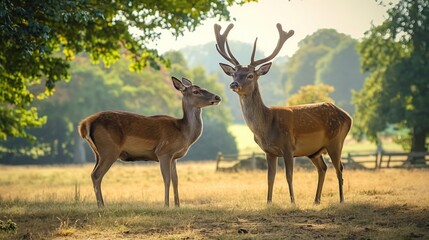 Fototapeta premium Two deer stand in rich green meadow on sunny day. Field is dotted with wildflowers, and deer large antlers are visible. Scene is serene and peaceful, with warm sunlight casting gentle glow.