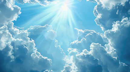 Radiant Blue Sky Background: Sun and White Cloud with Shining Rays, Perfect for Creating Inviting Visuals