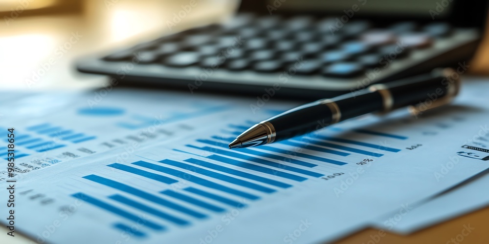 Aufkleber Close up of a pen laying on a table next to a calculator and financial charts.