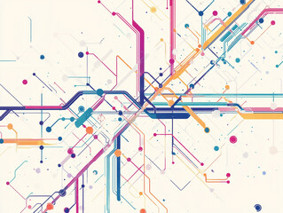 Obraz premium Underground network map illustration, Abstract design with colorful lines and nodes, Soft curves and sharp angles, Geometric shapes representing complex transit systems