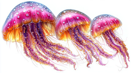 Fototapeta premium Three vibrant jellyfish with pink and orange hues drift gracefully.
