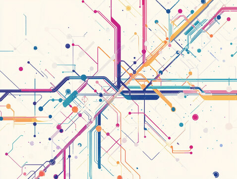 Underground network map illustration, Abstract design with colorful lines and nodes, Soft curves and sharp angles, Geometric shapes representing complex transit systems