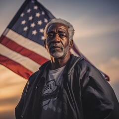 Elderly, black man, around 60- 70 years old, standing in front of waving American flag. Patriotic atmosphere