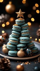 Christmas tree made of macarons, in color of blue and gold, with a star on top, on a dark background