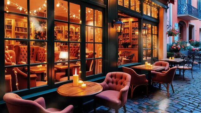 Restaurant with outdoor style in stylish city alley, smooth looping video 4K 