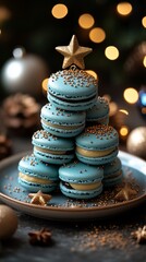 Christmas tree made of macarons, in color of blue and gold, with a star on top, on a dark background