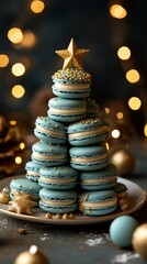 Christmas tree made of macarons, in color of blue and gold, with a star on top, on a dark background