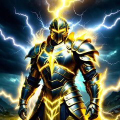 Fototapeta premium A powerful knight in electrifying armor amidst a stormy backdrop.
