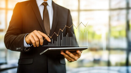 Businessman holding a tablet with virtual 3d charts and graphs.Business growth, success and prosperity.Futuristic modern background for website design,business