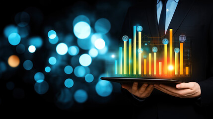 Businessman holding a tablet with virtual 3d charts and graphs.Business growth, success and prosperity.Futuristic modern background for website design,business