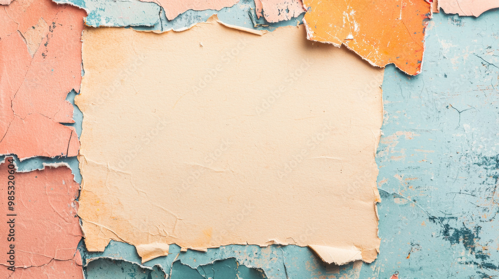 Canvas Prints A blank space surrounded by peeling paint in shades of blue, pink, and orange.