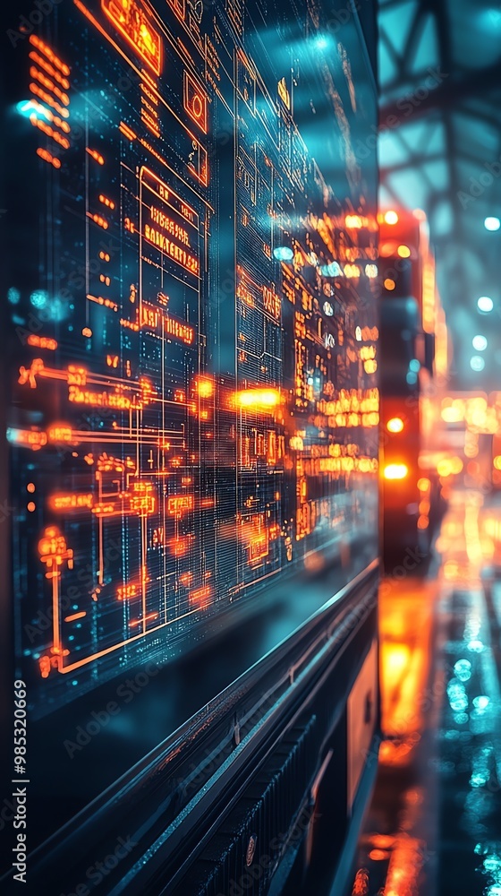 Poster Close-up of a futuristic digital screen displaying complex data and information, with a blurred background of city lights.