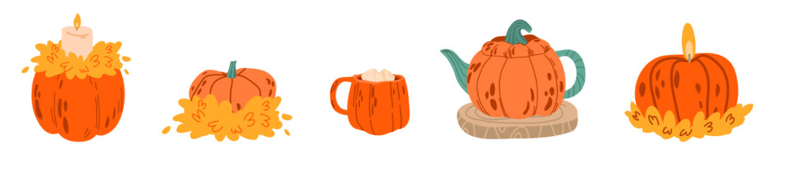 set of cozy autumn stickers of dishes and candles, a teapot and a pumpkin-shaped mug. Autumn vibe. Vector illustration