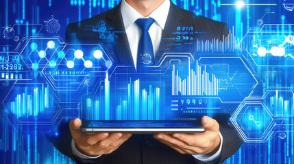 Businessman holding a tablet with virtual 3d charts and graphs.Business growth, success and prosperity.Futuristic modern background for website design,business