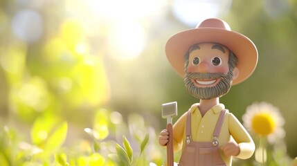 A cheerful cartoon farmer holding a shovel in a sunny garden.