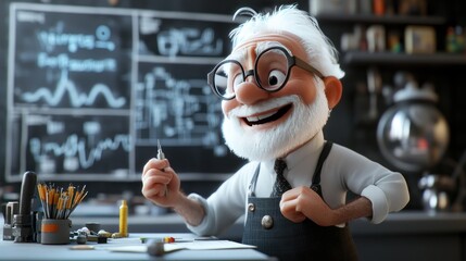 A cheerful elderly scientist with glasses, holding a pen in a lab filled with charts and tools.