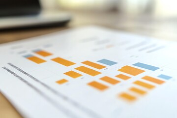 Close-up of a paper with bar graph chart, showing orange and blue bars, on a wooden desk.