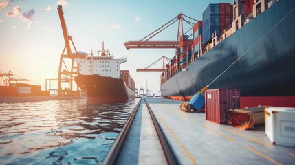 Naklejka premium Large cargo ship docked at empty port with stacked containers and idle cranes, symbolizing port strike and industrial tension.