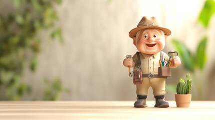 A cheerful cartoon gardener holding tools next to a potted cactus in a bright setting.