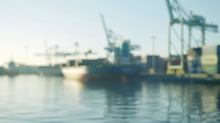 Fototapeta premium Large cargo ship docked at empty port with stacked containers and idle cranes, symbolizing port strike and industrial tension.