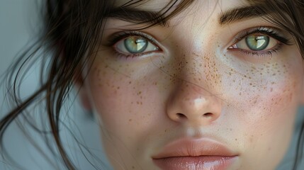 Fototapeta premium Close-Up Portrait of a Woman with Freckles and Soft Eyes