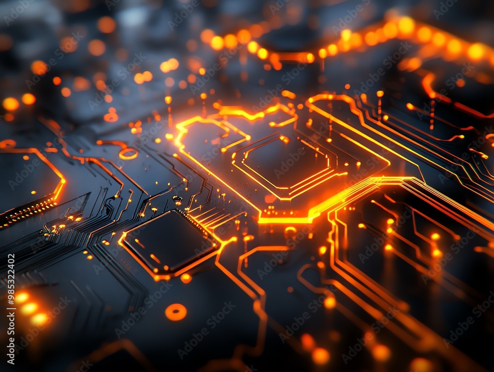 Poster Close-up of an illuminated circuit board with intricate patterns and glowing orange lines.