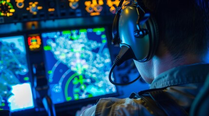 Pilot wearing headset, intently observing flight simulator screen with virtual cockpit and moving map, representing aviation training and skill enhancement in a professional setting.