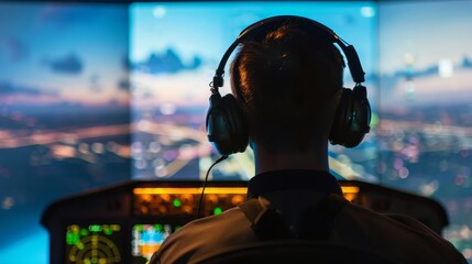 Pilot wearing headset, intently observing flight simulator screen with virtual cockpit and moving map, representing aviation training and skill enhancement in a professional setting.
