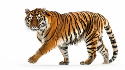 Obraz premium prowling tiger. An elegant depiction of a prowling tiger, poised and determined against a light, light background.