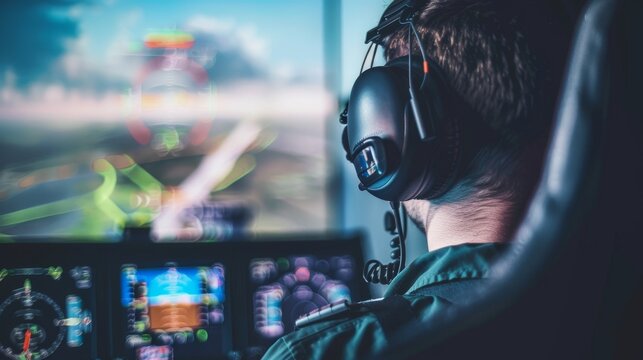 Pilot wearing headset, intently observing flight simulator screen with virtual cockpit and moving map, representing aviation training and skill enhancement in a professional setting.