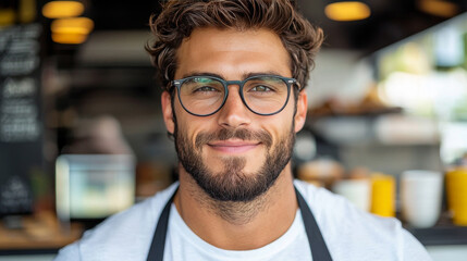 Obraz premium Smiling man wearing glasses in a cafe.