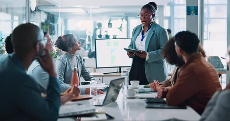 Presentation, tablet and people in office for feedback, meeting and finance report on screen. Woman speaker, corporate team and tech in board room for business, investment information and workshop
